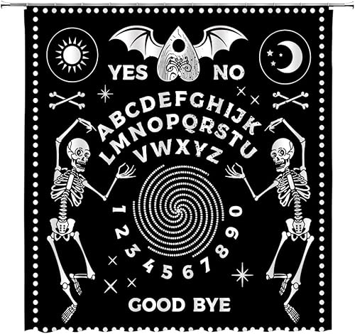 Cortina de ducha de bruja, tablero de ouija, calavera, brujería, tarot gótico, psíquico, Halloween, sol, luna, polilla, decoración misteriosa,