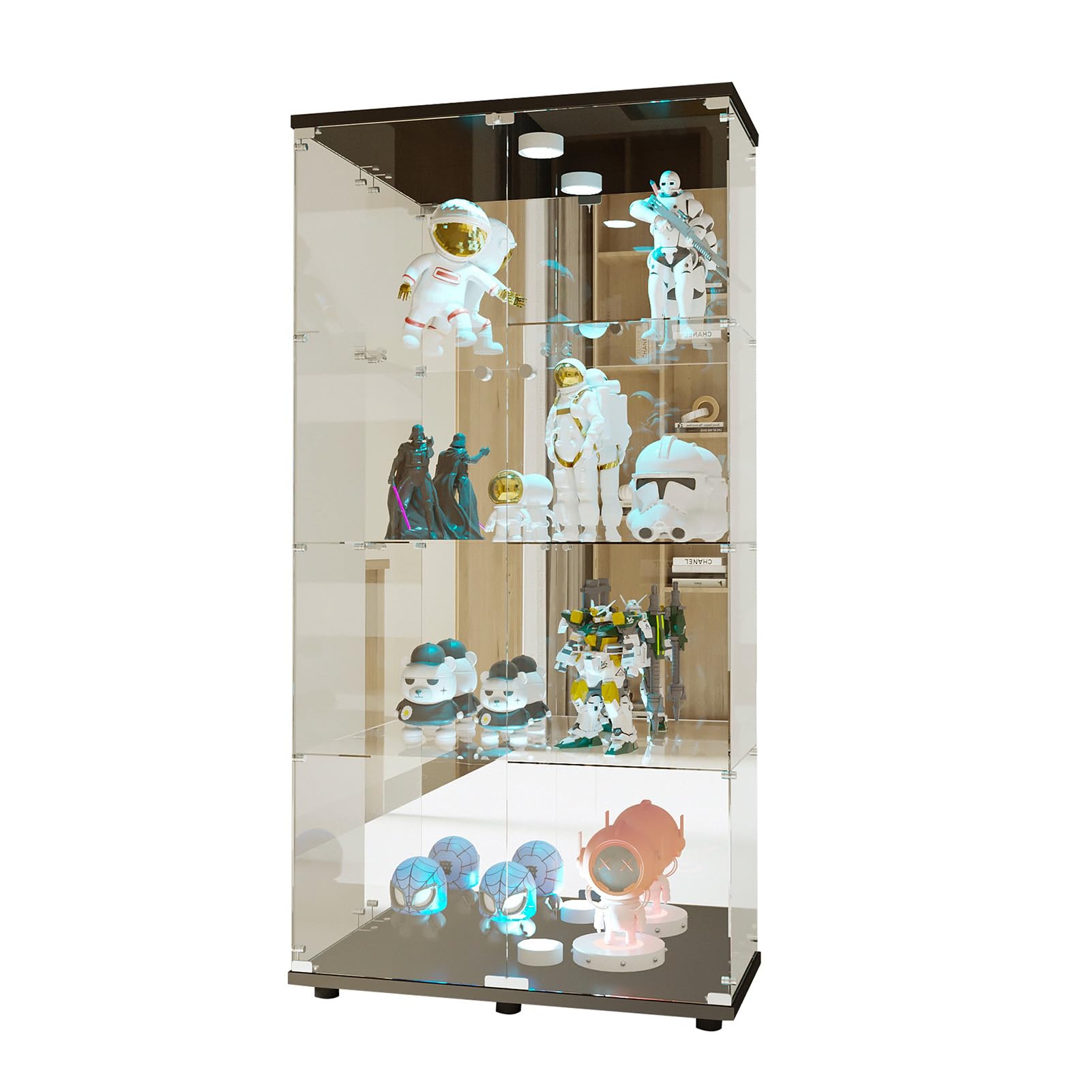 Vitrina de Cristal Moderna de 2 Puertas con iluminación LED, Vidrio Templado de Alta definición, con Cerradura y Base Estable, Ideal para salón, Dormitorio u Oficina (Espejo Negro, 4 étages)