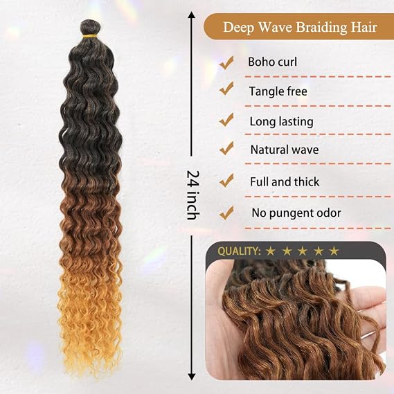 Boho Braiding Hair Pre Stretched - Deep Wave Curly Prestretched Braiding Hair Extensions for Boho Braids(Brown to Honey Blonde)