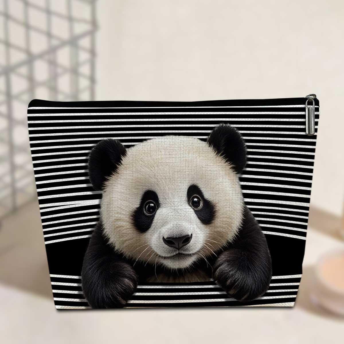 Funny Panda Small Makeup Bag for Women, Black & White Stripes Large Capacity Travel Toiletry Organizer Cosmetic Bags, Portable Small Cosmetic Pouch,