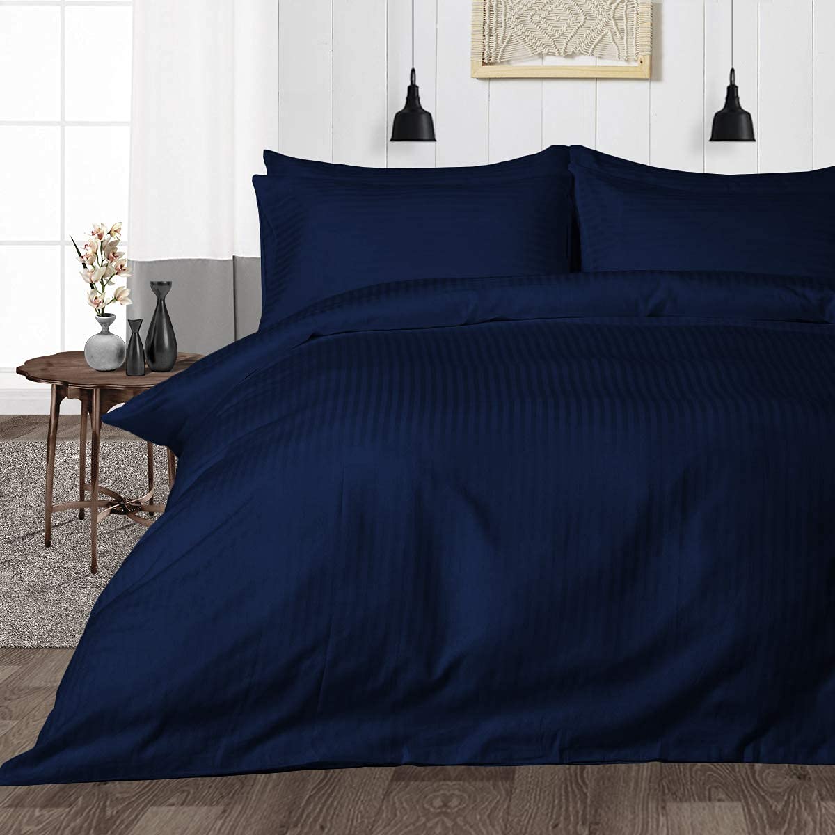 Warisi@ Satin Stripe Glace Cotton King Size Duvet Cover II Razai Cover II Quilt Cover II Blanket Cover II Comforter Cover II Dohar for Double Bed with Zipper Closure (90x100 Inch). (Blue)-image-1