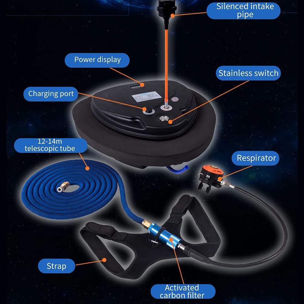 HQLYZJDV Portable Diving Ventilator, 5.5H Rechargable Scuba Diving Tank with 33ft Hose Diving Breathing Regulator, Air Compressor Scuba Dive System for Diving, Fishing, Boat Cleaning, Black