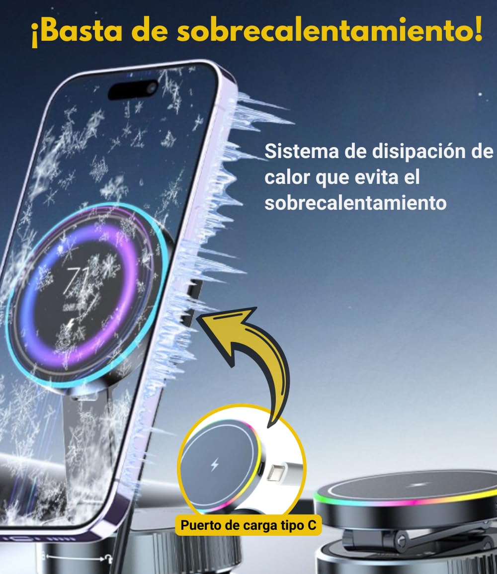 MagAxis Lumen Soporte Movil Coche Magnetico Compatible con MagSafe【Super Imanes N52】Luces LED【360° Rotación, Carga Inalámbrica y Fijación Ventosa】para iPhone 17 16 15 14 13 12 Pro Max Accesorios Coche