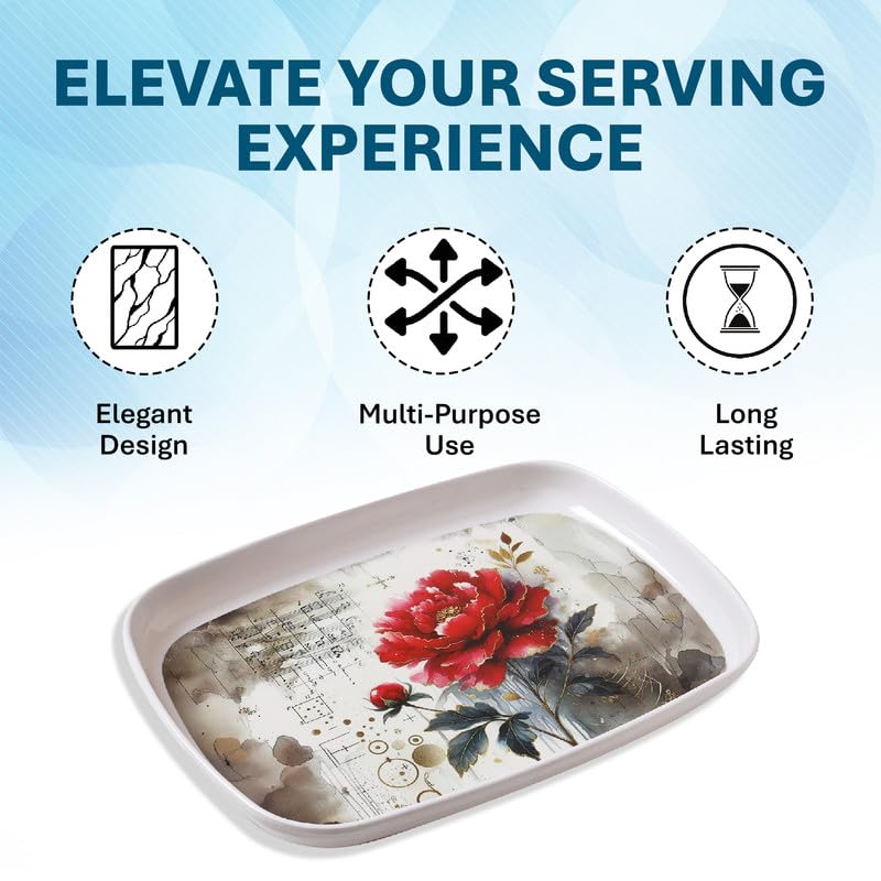 Image of Golden Fish Serving Tray Set of 2 with Floral Print, Rectangular Rounded Edge Tray for Kitchen, Dining & Tea Serving, Lightweight Durable Multipurpose Food & Snack Tray