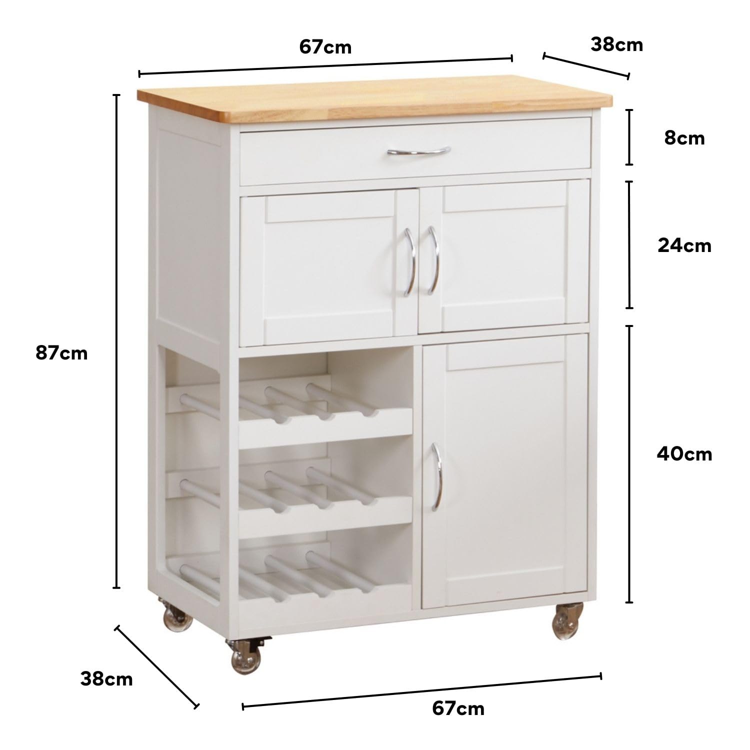 Brigros WeHome - Carrello Cucina Legno Febe, Credenza Bianca 67x36x87 Cm Con 1 Cassetto, 3 Ante, 3 Ripiani Portabottiglie, Mobile Cucina Con Ruote E Piano In Legno Rovere (Bianco)