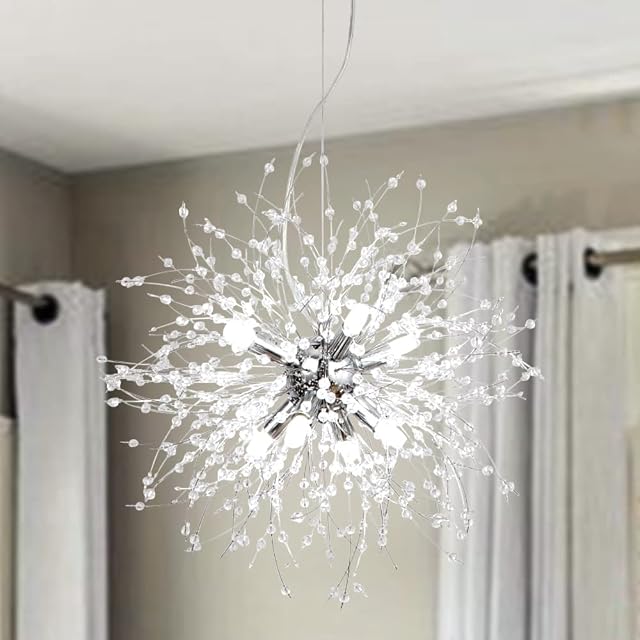 LynPon Modern Chrome Chandelier Crystal Nickel Sputnik Ceiling Light Firework Pendant Lamp Fitting for Living Room Bedroom (8-Lights, Dia 15.7 Inch)