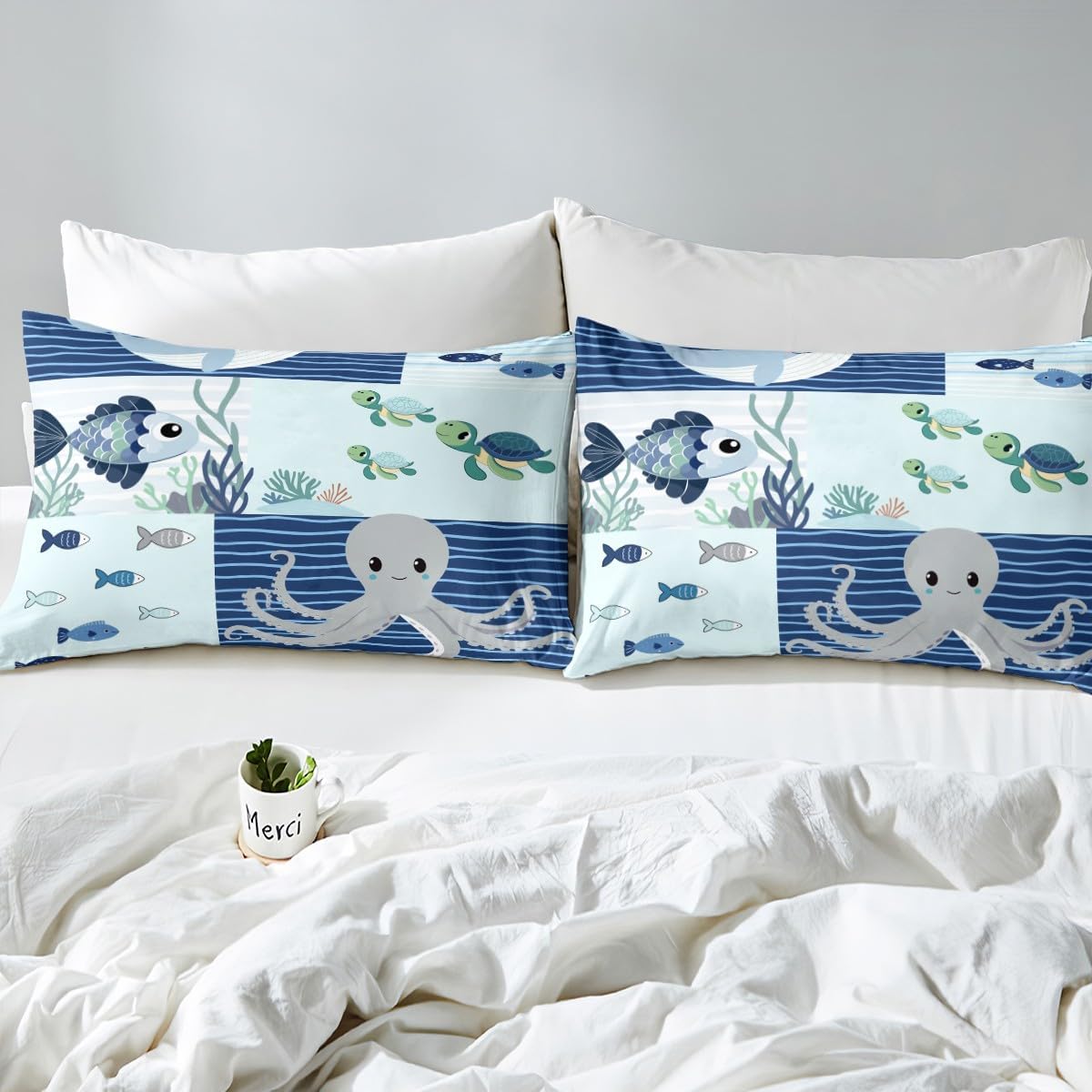 Cute Octopus Bedding Set Twin Size Navy and Blue Bed Set for Girls Teens Bedroom Decor Kids Underwater World Fitted Sheet Soft Microfiber Whale and Turtle Bed Cover(1 Fitted Sheet+1 Pillow Case)