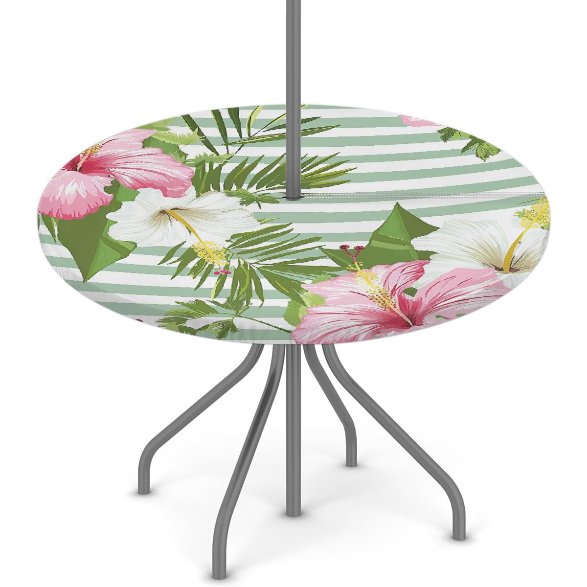Mexpekil Outdoor Round Tablecloth with Umbrella Hole and Zipper, Green Striped Pink Flower Wipeable Tablecloths 36-44" Elastic Edge for Patio Garden