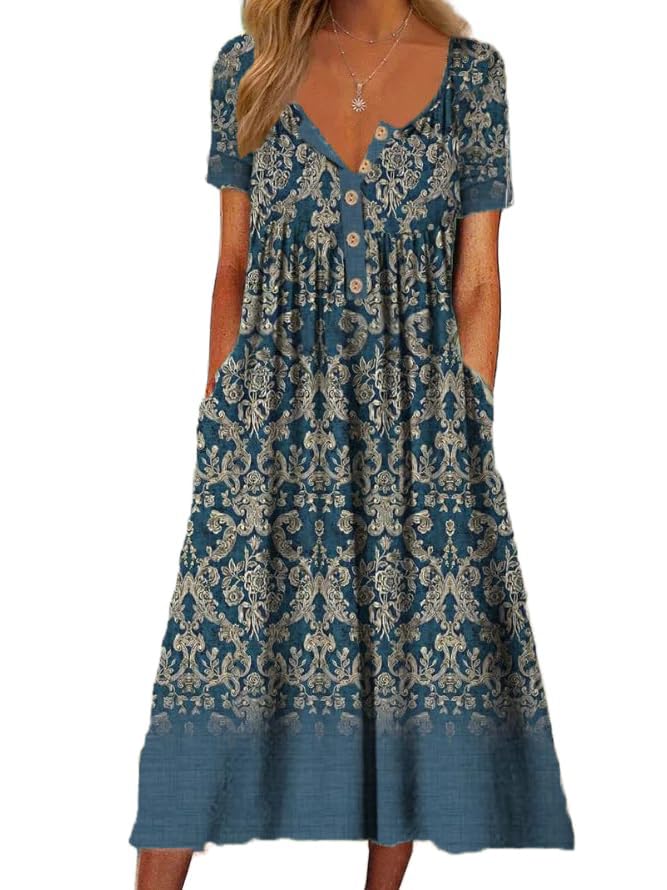 Akivide Women's Boho Floral Printed Maxi Dresses Short Sleeve Summer V Neck Loose Casual Dress with Pockets