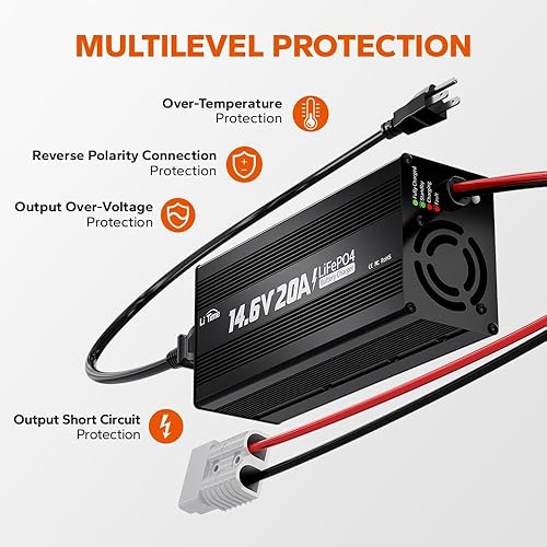 Miniatura 3 de LiTime LiFePO4 Cargador de batería 12V 20A, 14.6V LiFePO4 Cargador de baterías AC-DC para baterías recargables de ciclo profundo LiFePO4 de litio