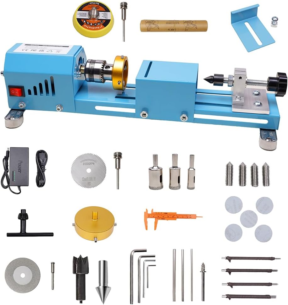 Mini Wood Lathe Milling Machine Multi-Purpose Type Lathe with Wood Lathe Milling Accessories, for Wood Polishing, Grinding, Cutting and Milling ,2.76 in x 6.3 in, 24VDC 96W,7 Speeds