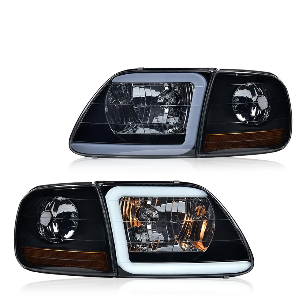 GRAND ORANGE Lightning Style Headlights Assembly LED DRL strip Compatible with 1997-2002 Ford Expedition/1997-2004 F150 /1997-1999 F250 Headlamps Smoke Lens Black Housing Amber Reflector