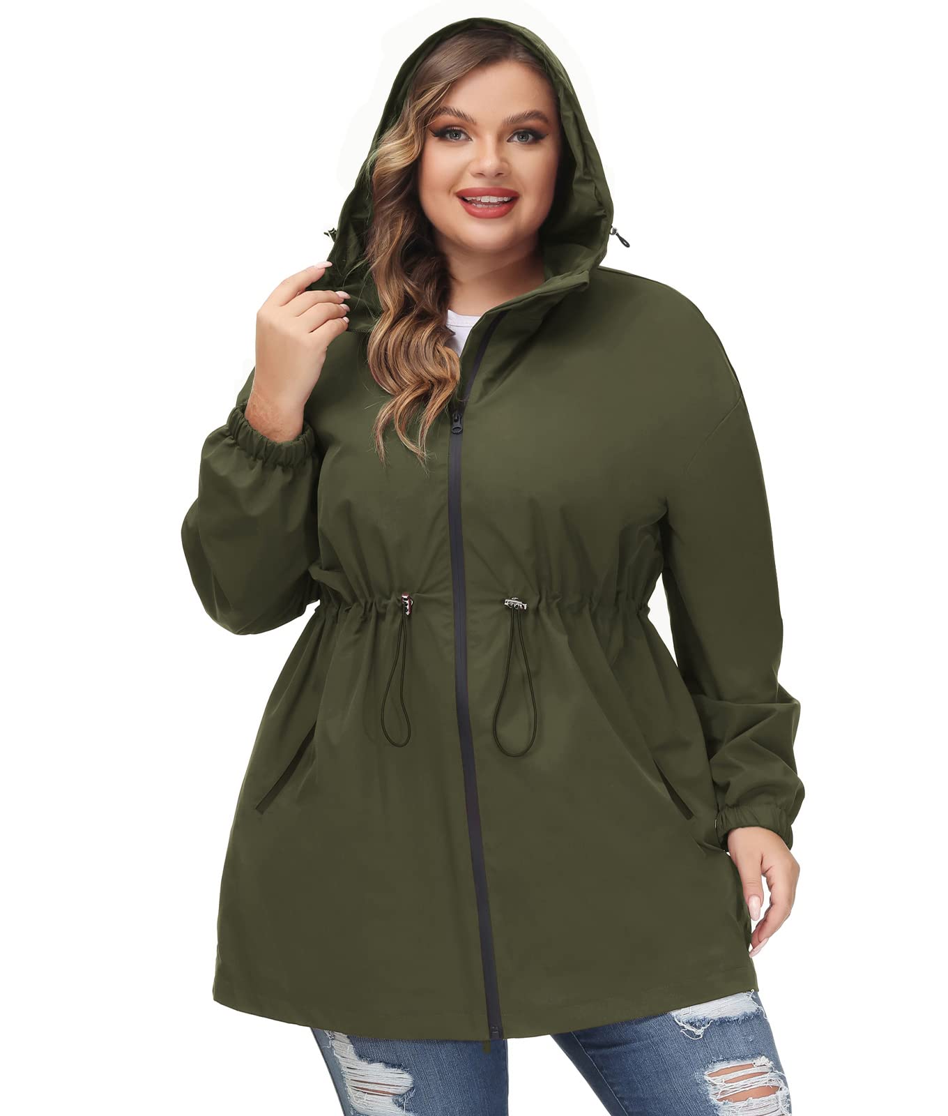 Hanna Nikole Manteau Imperméable Long À Capuche Pour Femme - Coupe-Vent Léger Et Imperméable Avec Fermeture Éclair Veste De Sport Avec Poches