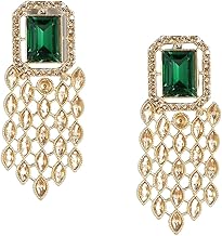 Gold Plated Indo Western Style Inspired Emerald And Rhinestones Embellished Green Stone Studded Dangle Earrings With Push Back Closure For Women Gifting For Karwachauth