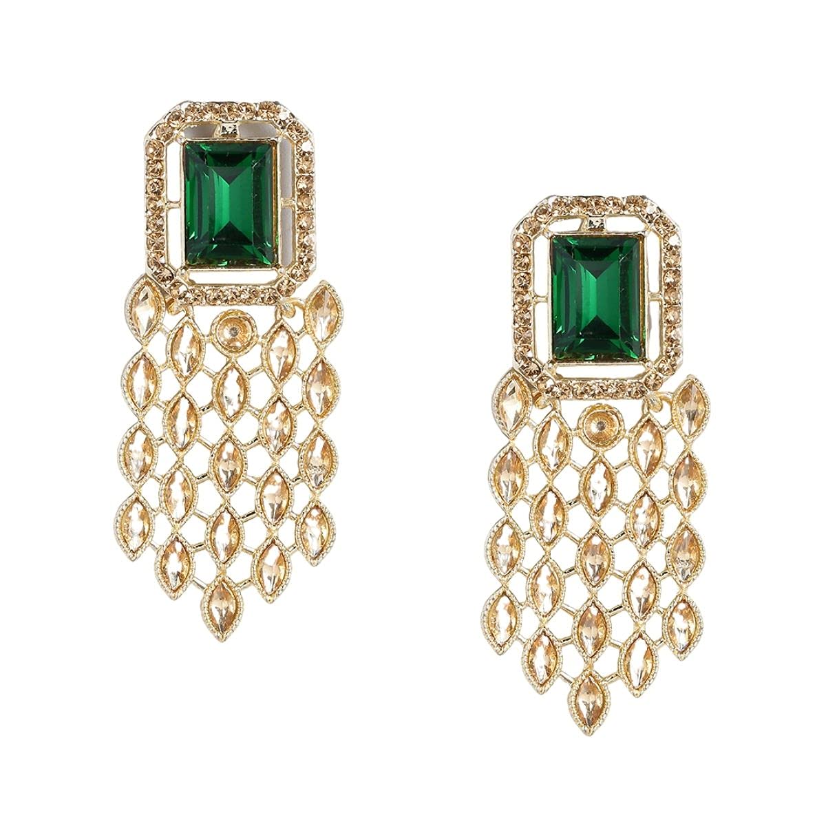 Accessher Gold Plated Indo Western Style Inspired Emerald and Rhinestones Embellished Green Stone Studded Dangle Earrings with Push Back Closure for Women and Girls| Gifting for Karwachauth | (B09DQ1JGH9) Amazon Price History, Amazon Price Tracker