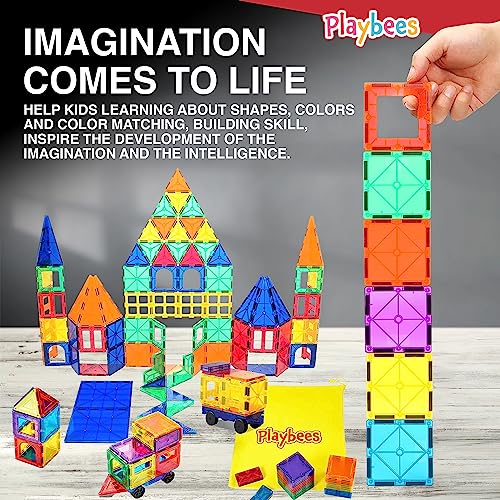 Playbees 100 Piece Magnetic Building Tiles Set, Clear Vivid Colors And Shapes, 3D Magnet Building Blocks For Kids, Toddlers, Stem Educational Learning Development Toy, Creativity Beyond Imagination #TOP4