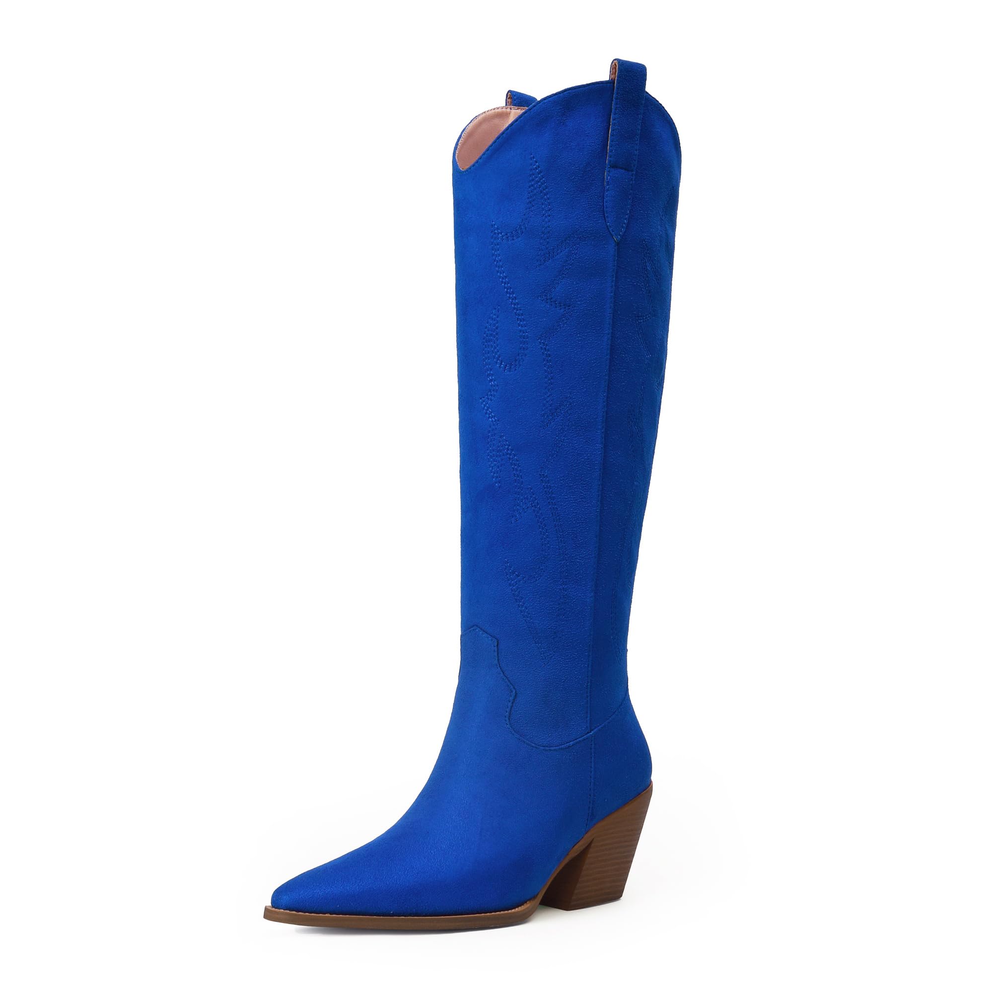 iiimmu Cowgirl Boots Women Knee High Boots Pointed Toe and Block Heel Cowboy Suede and Faux Leather Boots