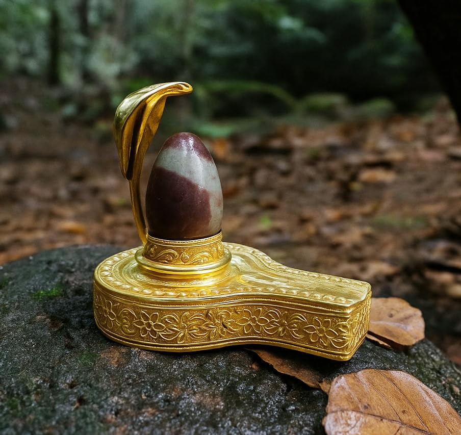 Original Religious Narmadeshwar Shiv Lingam with Brass Jalhari Shiv Snake Shivlingam with Jaldhara Yoni Base Narmada Stone with Jaldhari Stand 2 Inch-image-30