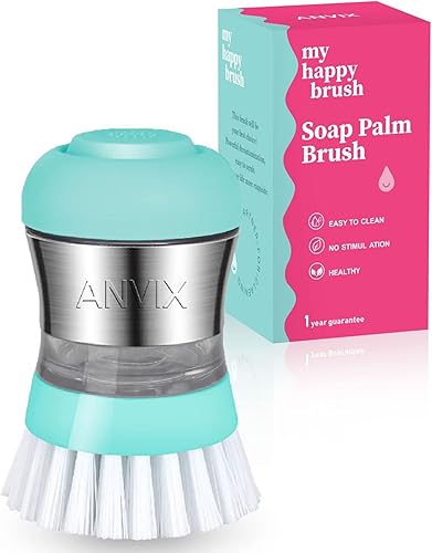 ANVIX Cepillo de palma dispensador de jabón, cepillo ergonómico con asa, limpiador de platos resistente con dispensador de jabón, cepillos para