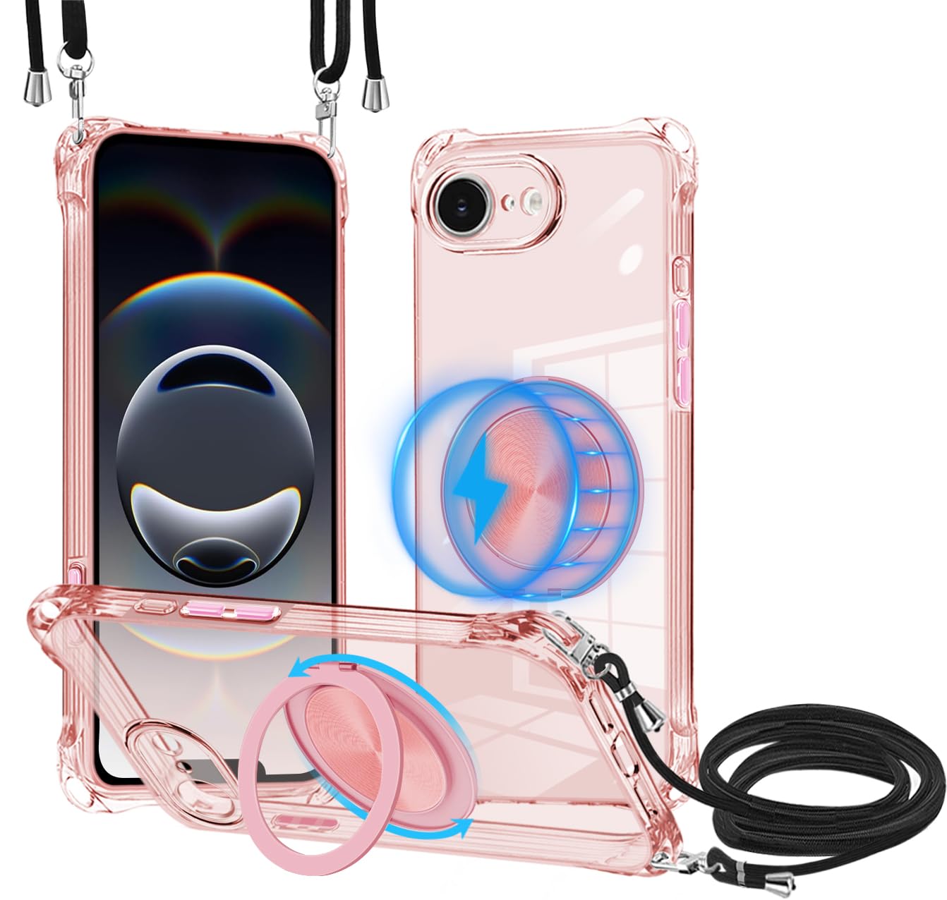 LOGABIO iPhone 16E/iPhone17E 保護ケース MagSafe対応 360度回転 リング ブラケット ワイヤレス充電可能 iPhone 16e/17e 首掛け 肩掛け 背斜掛 け設計ストラップ着脱 調節可能 耐衝撃 TPU薄材質 ブラケットサポート横縦画面 車載対応 全方位保護便利