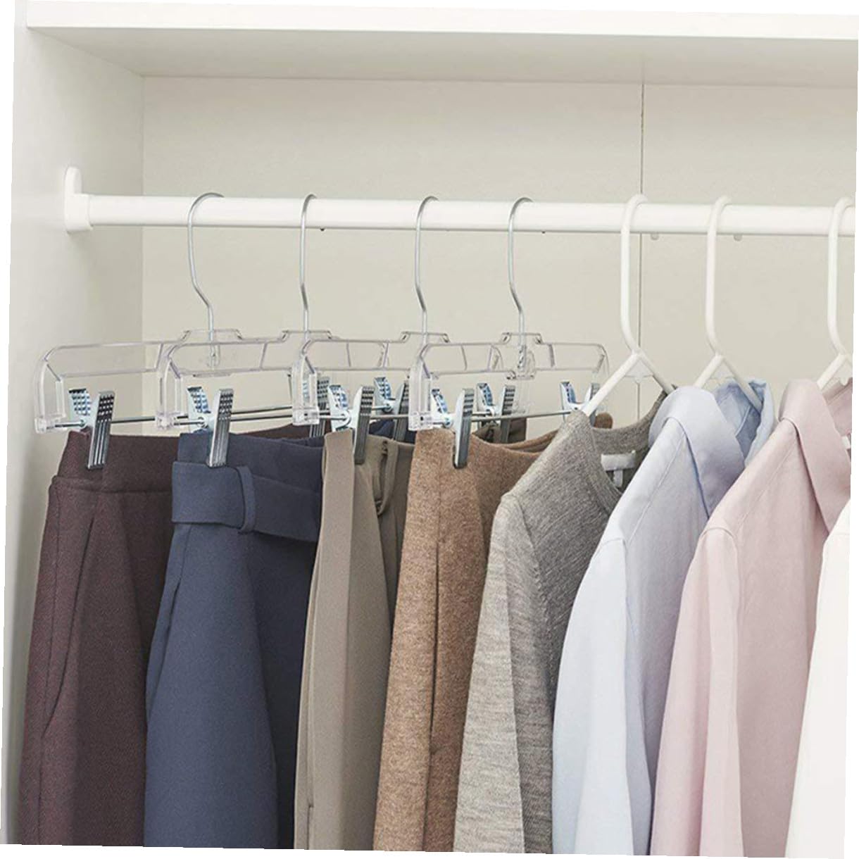 Perchas con Clips Ajustables Transparentes 10 Piezas para Pantalones | Plástico E Hierro, Gancho Giratorio en S y Diseño Curvo, Clips Móviles para Tallas Distintas