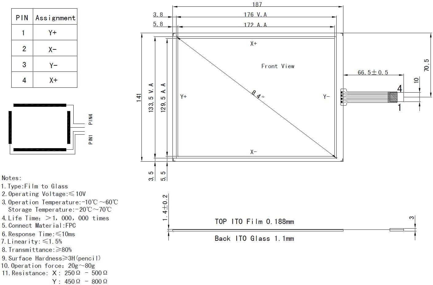 Detailed technical drawing of the touch panel with pin assignments and notes