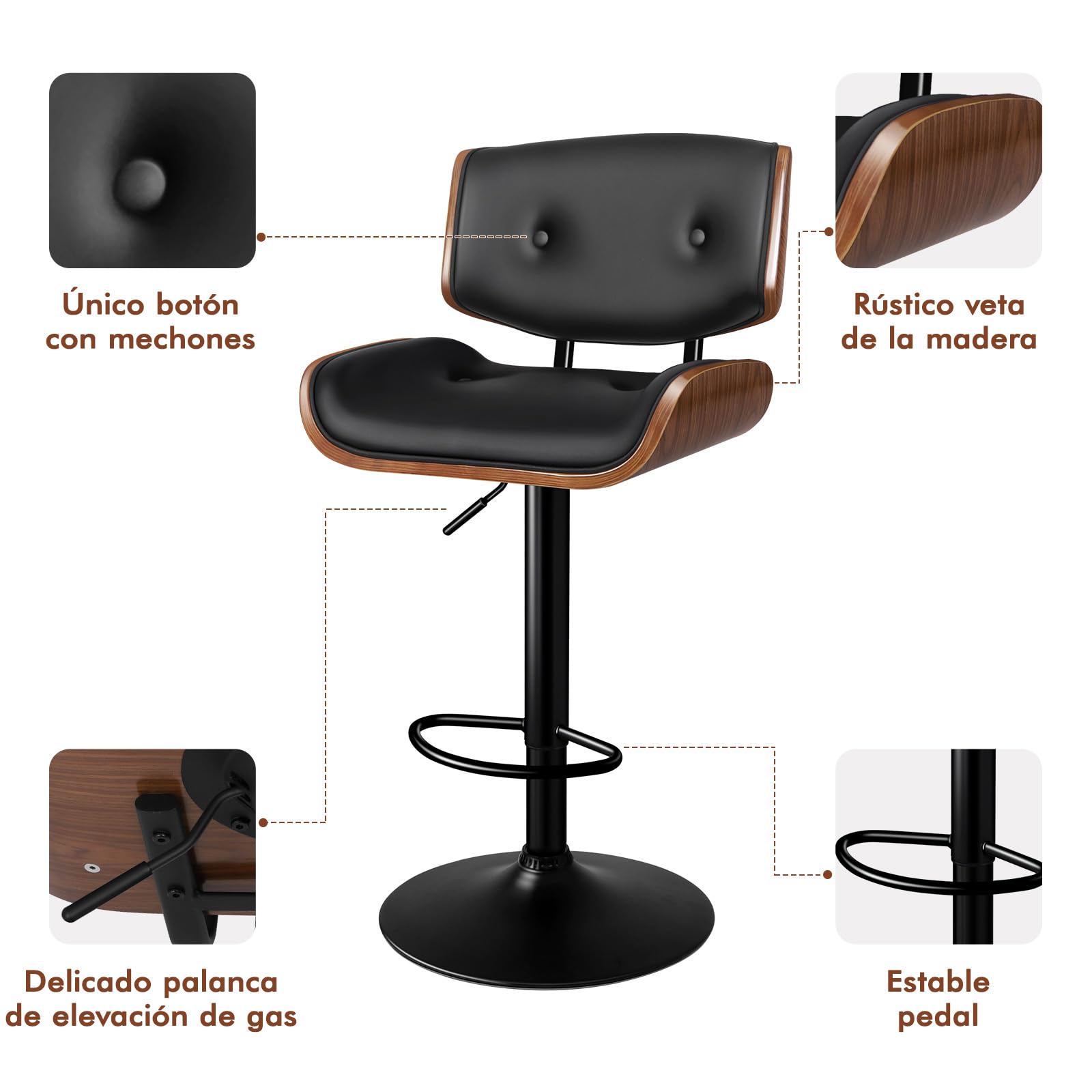 ALFORDSON Taburete de Bar, taburetes de Cocina giratorios con altura ajustable, Taburete de mostrador Odette de Madera, pistón de gas, Cuero PU abotonado, Negro