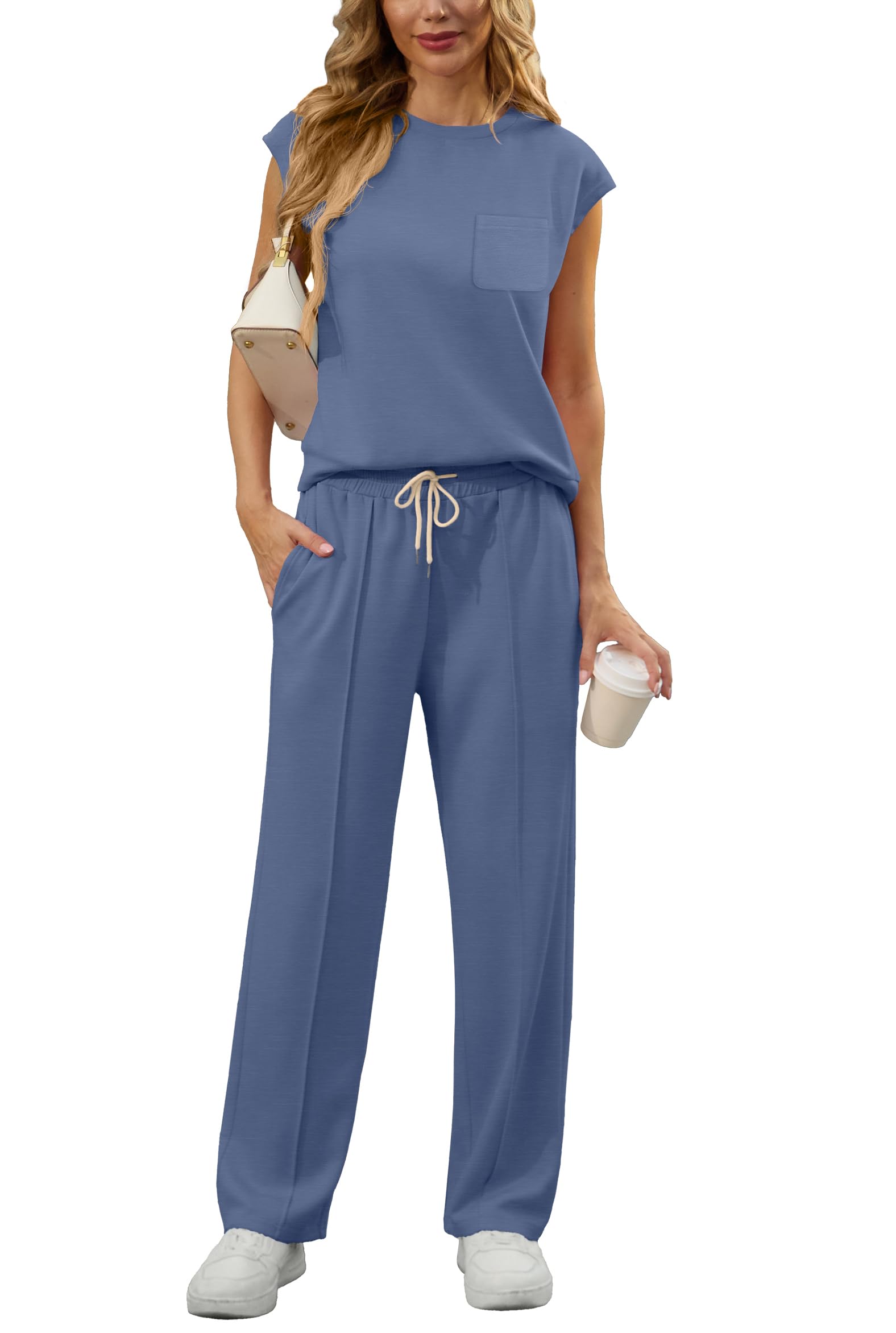 GRECERELLE Zweiteiler Trainingsanzug Damen Sommer Outfits Tracksuit Kurzarm Lässige Crew Neck Cap Sleeve Tops und Jogginghosen Trainingsanzüge mit Taschen
