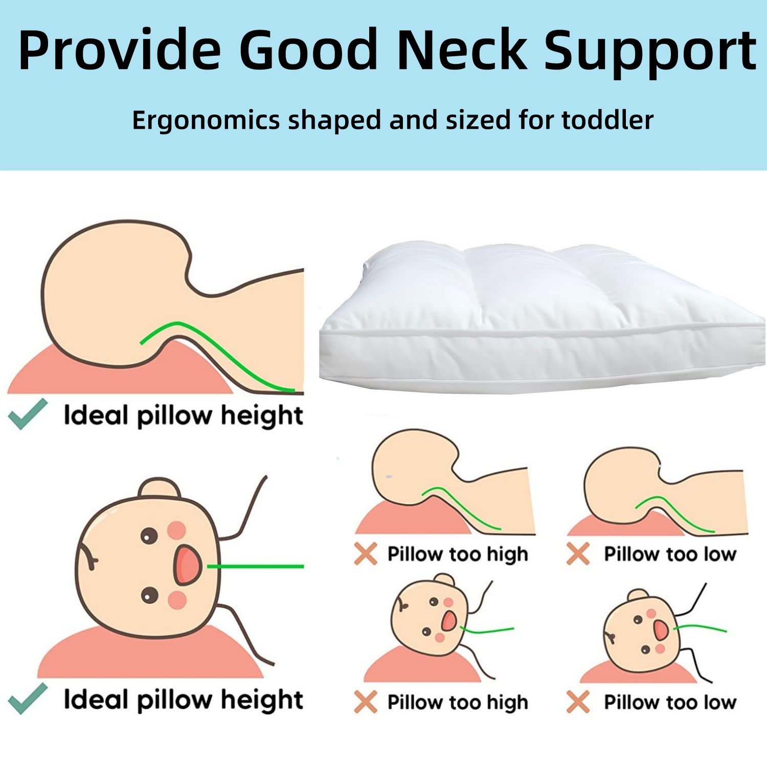 Aisawate Toddler First Pillow, Ergonomic Sleep Neck Support for Boys Girls, Three-Dimensional Head Cushion With Pillowcase - Image 4