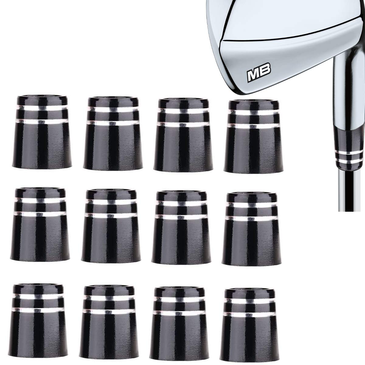 Aliennana Golf Iron Ferrules .370 12 Pack Re-Shaft Golf Ferrule for Taper Tip Iron Wedge Black/Double Chrome Ring ID:0.370" OD:0.540" Length:0.750"