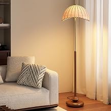 Mid Century 60" Linen Floor Lamp Wooden Floor Light E26 Dimmable Standing Lamp with Beige Fabric Grapefruit-Shaped Cloth Tall Light for Living Room Bedroom Stuidy Dining RoomIncludes Bulb