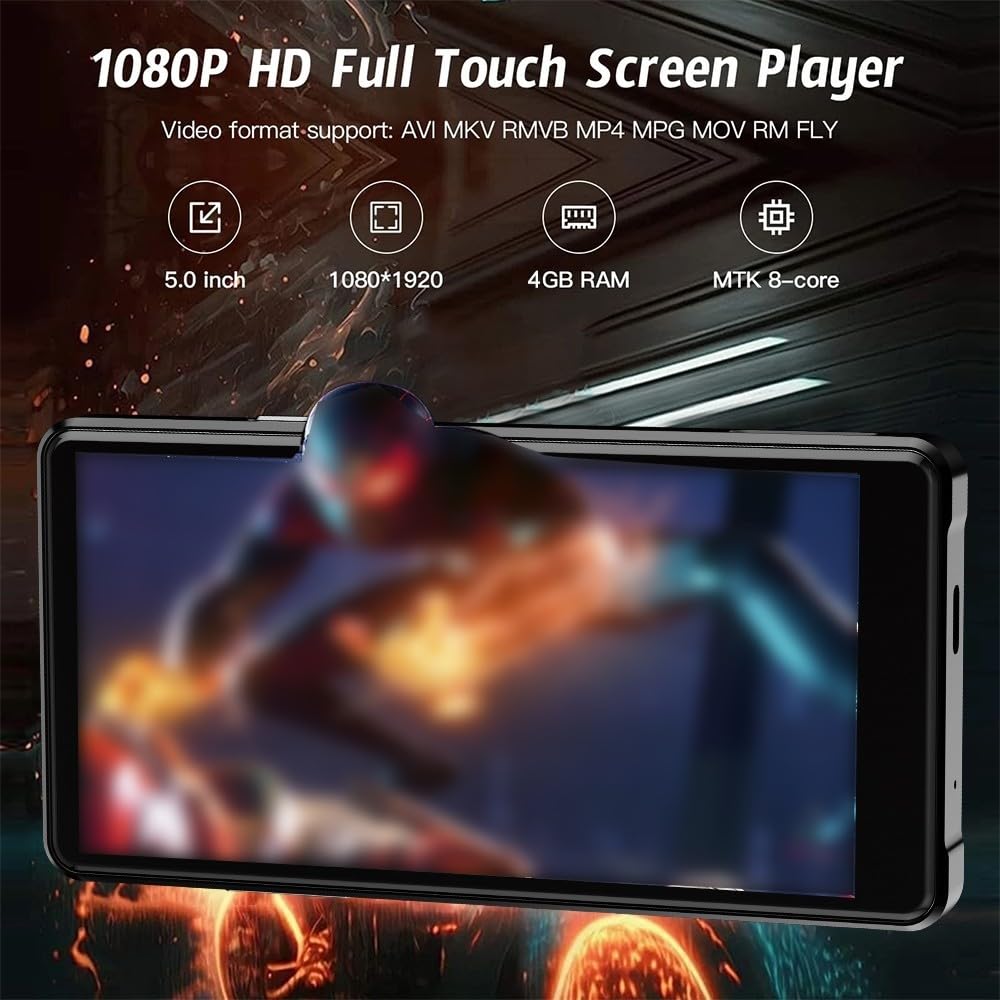 Reproductor multimedia digital portátil de 64 GB, pantalla de 5 pulgadas, WiFi y Bluetooth 5.0, audio y vídeo multiformato