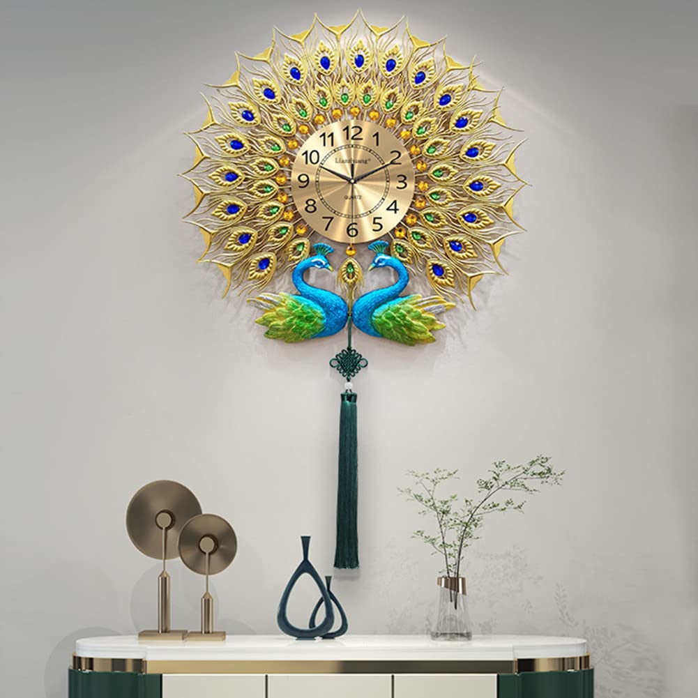 QIYFOZ Peacock Clock Wall, Wall Clock for Living Room Décor, Home Decoration Metal Wall Art Quartz Clock Crystal Diamond Art 3D Mute Non Ticking Peacock Clock