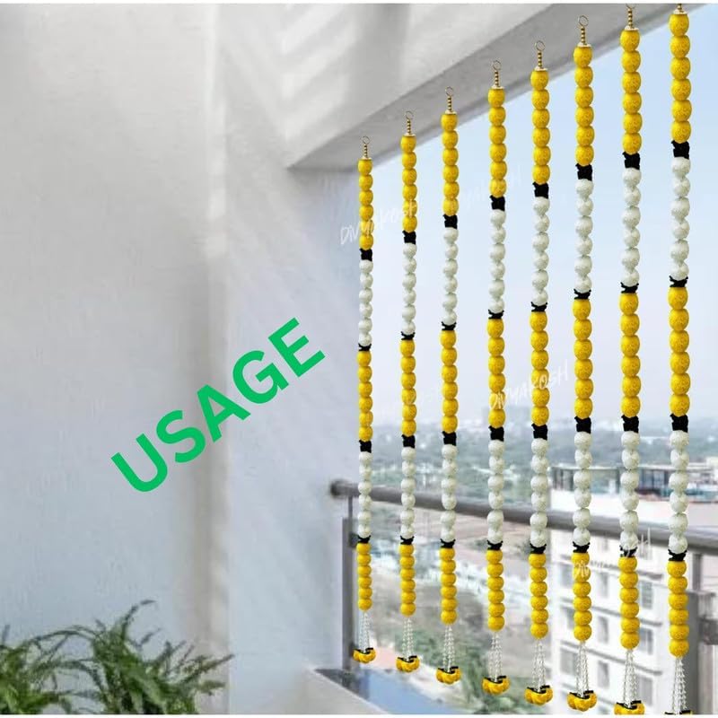 Divyakosh White and Yellow Marigold/Genda Flower Multipurpose Wall Hanging Pack of 4 Strings, Artificial Flower Latkan for Temple, Festival-Diwali/Ganpati Pooja Door Decor - 5 Feet, White_Yellow -4