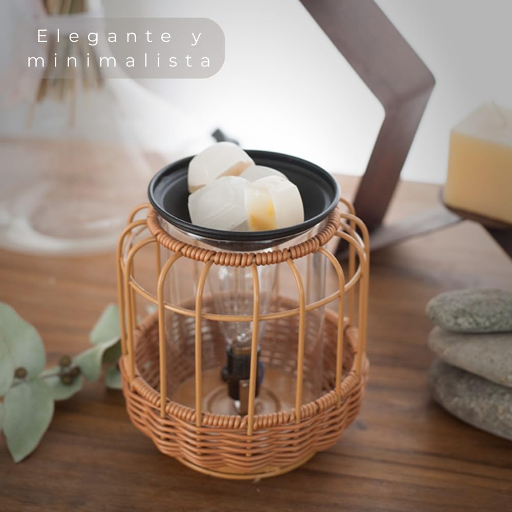 Quemador de Velas aromáticas y Quemador de aceites Esenciales eléctrico | luz cálida | Calentador Velas | aromaterapia | decoración del hogar | Incluye Pack de Ceras perfumadas | Ratan