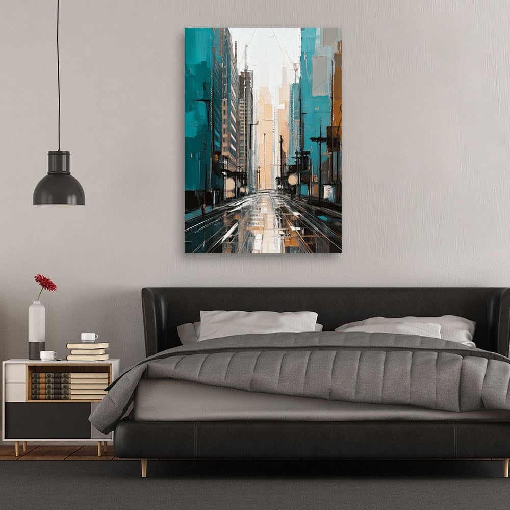Feeby Cuadro - Cuadros Para Dormitorios - Ciudad Calle Turquesa - 60x90 cm - Decoracion Pared - Para el Dormitorio y la Sala de Estar