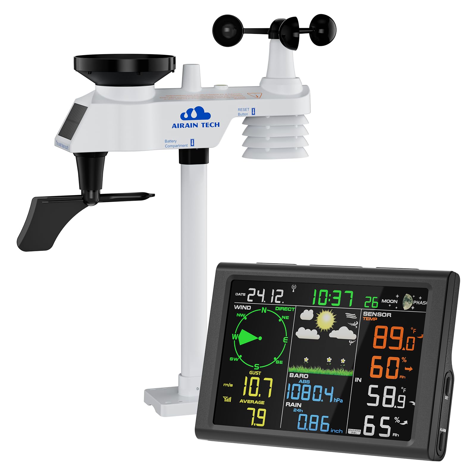 Wireless Weather Station, Equipped with Outdoor Wireless sensors, Atomic Clock, rain Gauge, Wind Speed/Direction,Moon Phase, Barometer,Temperature/Humidity,Weather Forecast,etc. (no WiFi)-image-5