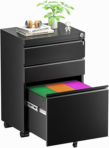 Superday Archivador vertical de 3 cajones, archivador vertical de metal con ruedas, pequeño archivador debajo del escritorio para oficina en casa,