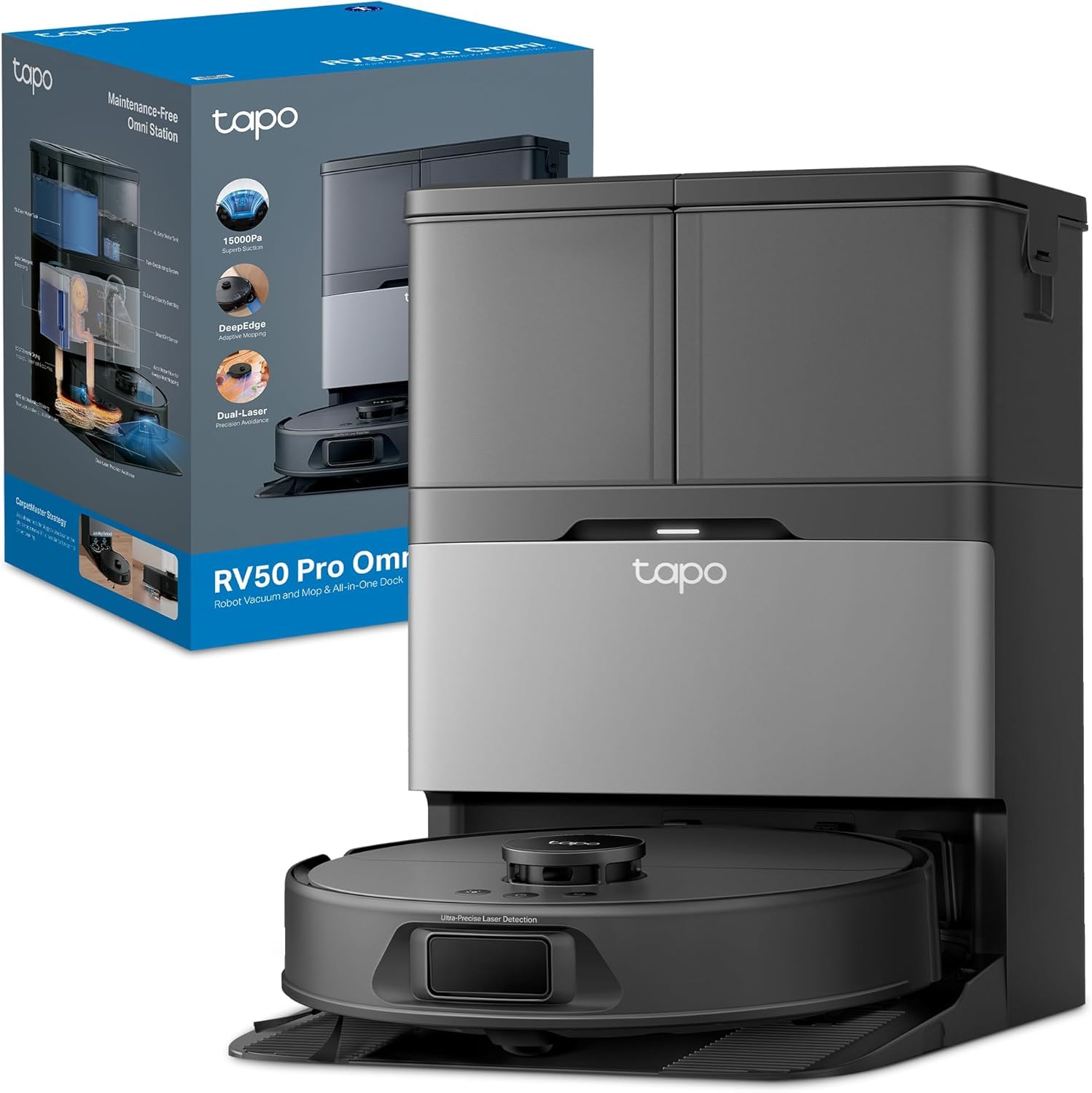 Tapo Aspirateur Robot Laveur RV50 Pro Omni, Station Auto-​Nettoyante, Ultra puissante 15 000 Pa, Lavage à l'Eau Chaude 60 °C & Séchage Air Chaud, Navigation LiDAR Double Laser, Tapis et Poils d'Animaux
