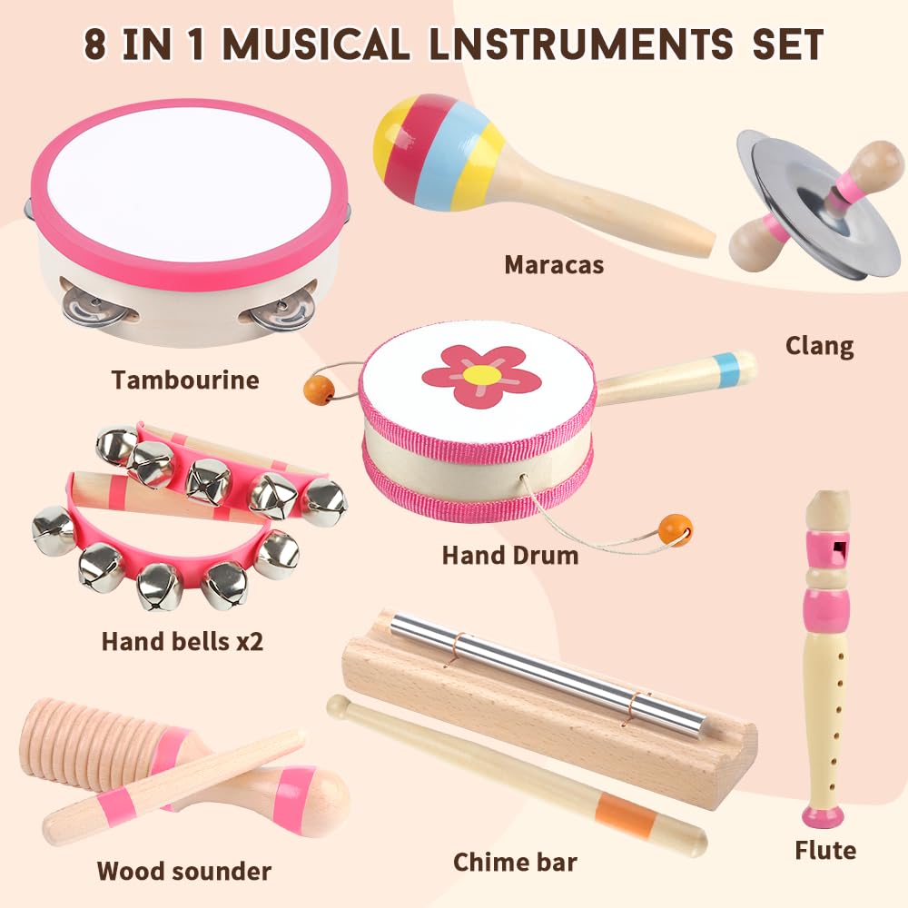 Musikinstrumente-Spielzeug für Kleinkind-Mädchen ab 1-3 Jahre | 8-in-1 Pädagogisches Montessori Spielzeug zur Sinnesförderung | Geburtstags Babys ab 1 Jahr (rosa 8 in 1) - 4