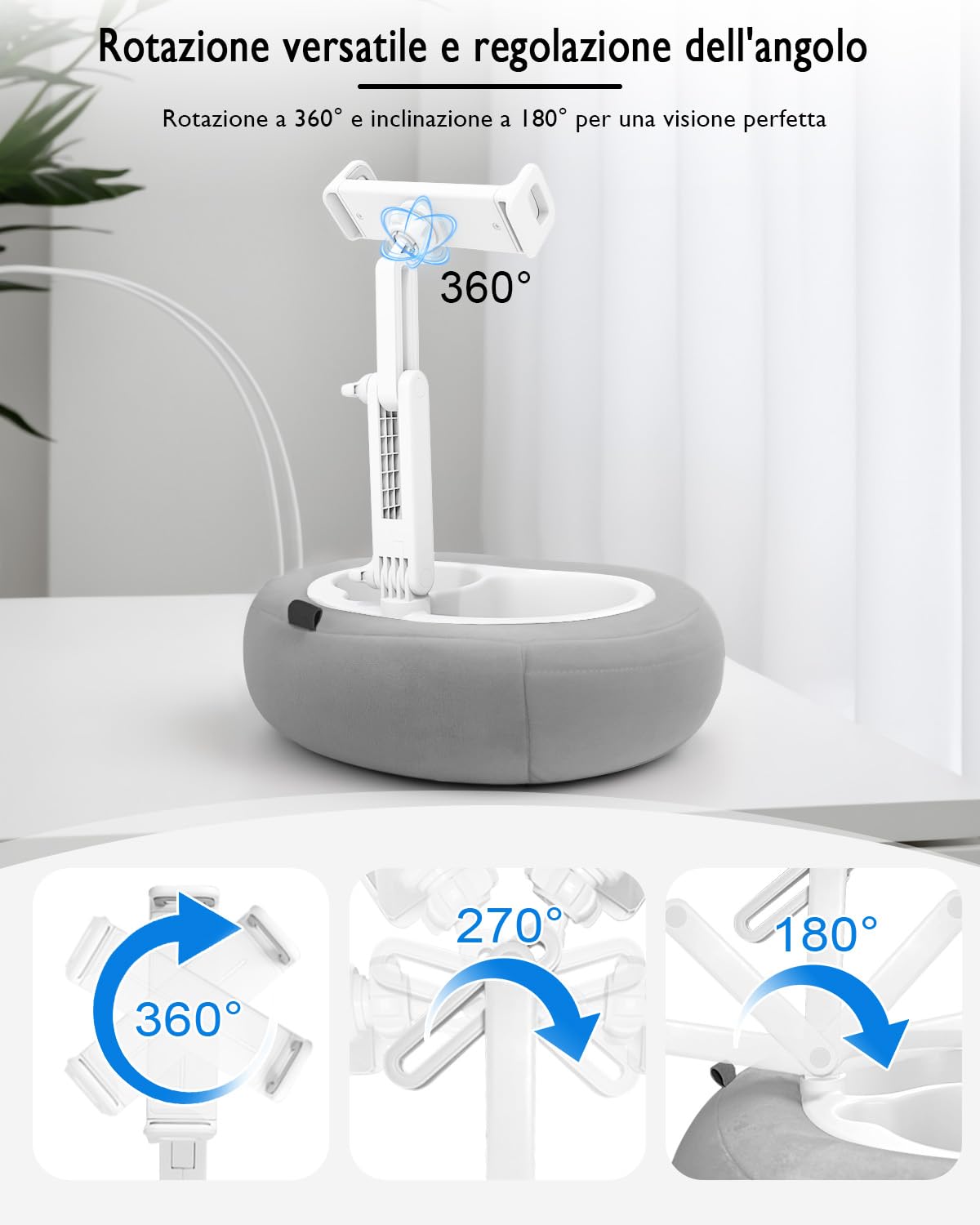 Miledi Cuscino Supporto Tablet per Letto e Divano, Supporto Kindle e iPad Regolabile a 360° per Dispositivi da 5 a 12,9 Pollici, con Porta Bicchiere e Vassoio Snack per Lettura e Relax, Grigio
