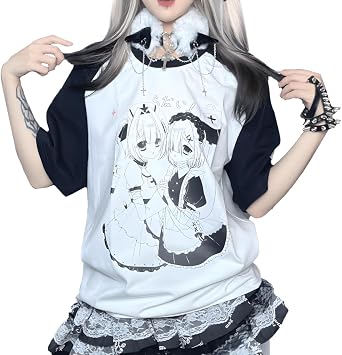 Kawaii Gothic Crewneck Anime Twin Maids Graphic Print T-Shirt | Cutecore, Vintage Casual Style, Streetwear, Athleisure, Cotton Materials, Loose Fit, Raglan Short Sleeve, For Daily Wear