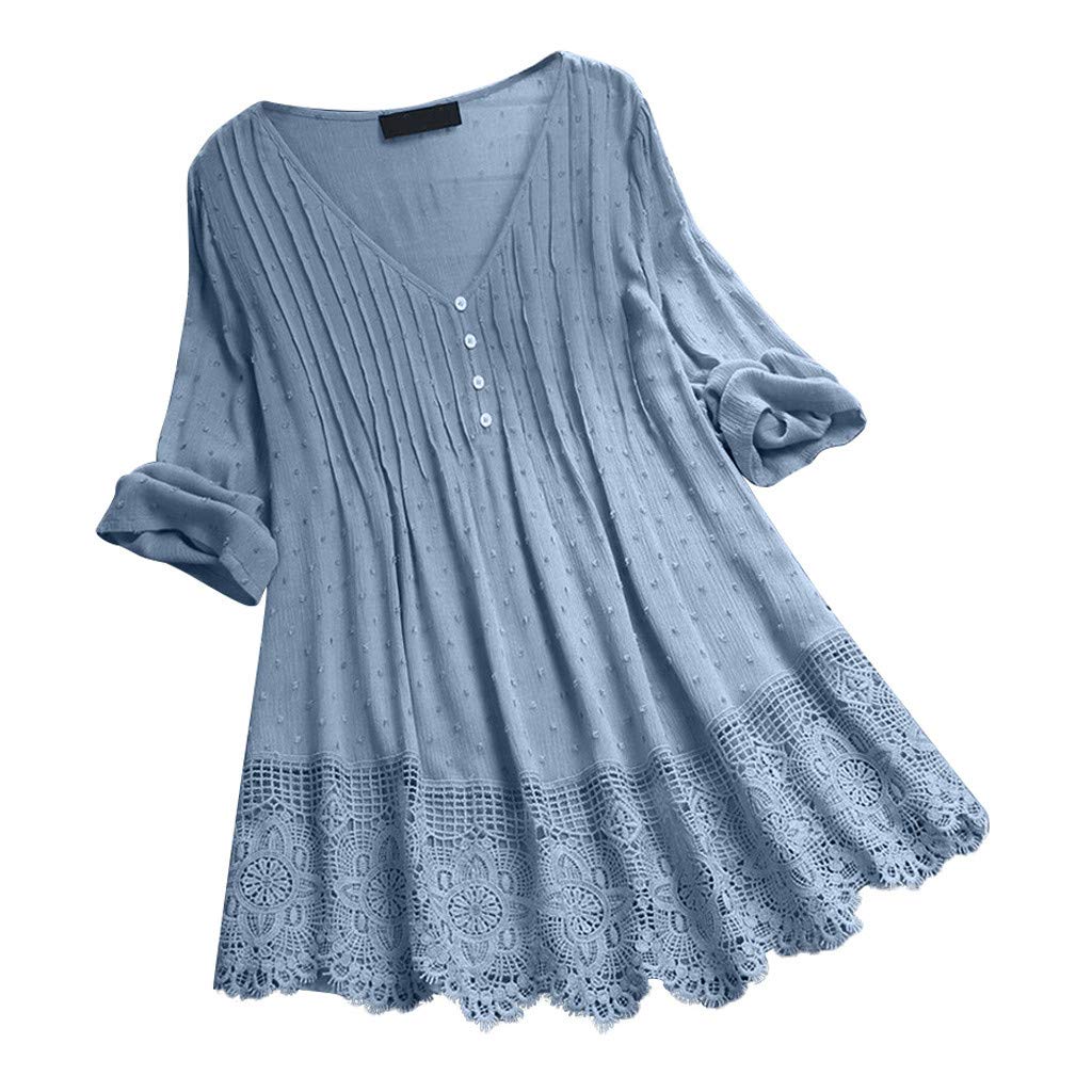 WWricotta T Camisa Vintage Lace V Cuello Cuartos de Top Ruffled Plus Mujeres Camiseta Gimnasio Mujer Tirantes Camiseta Mujer Manga Larga Y Escote Jean Mujer