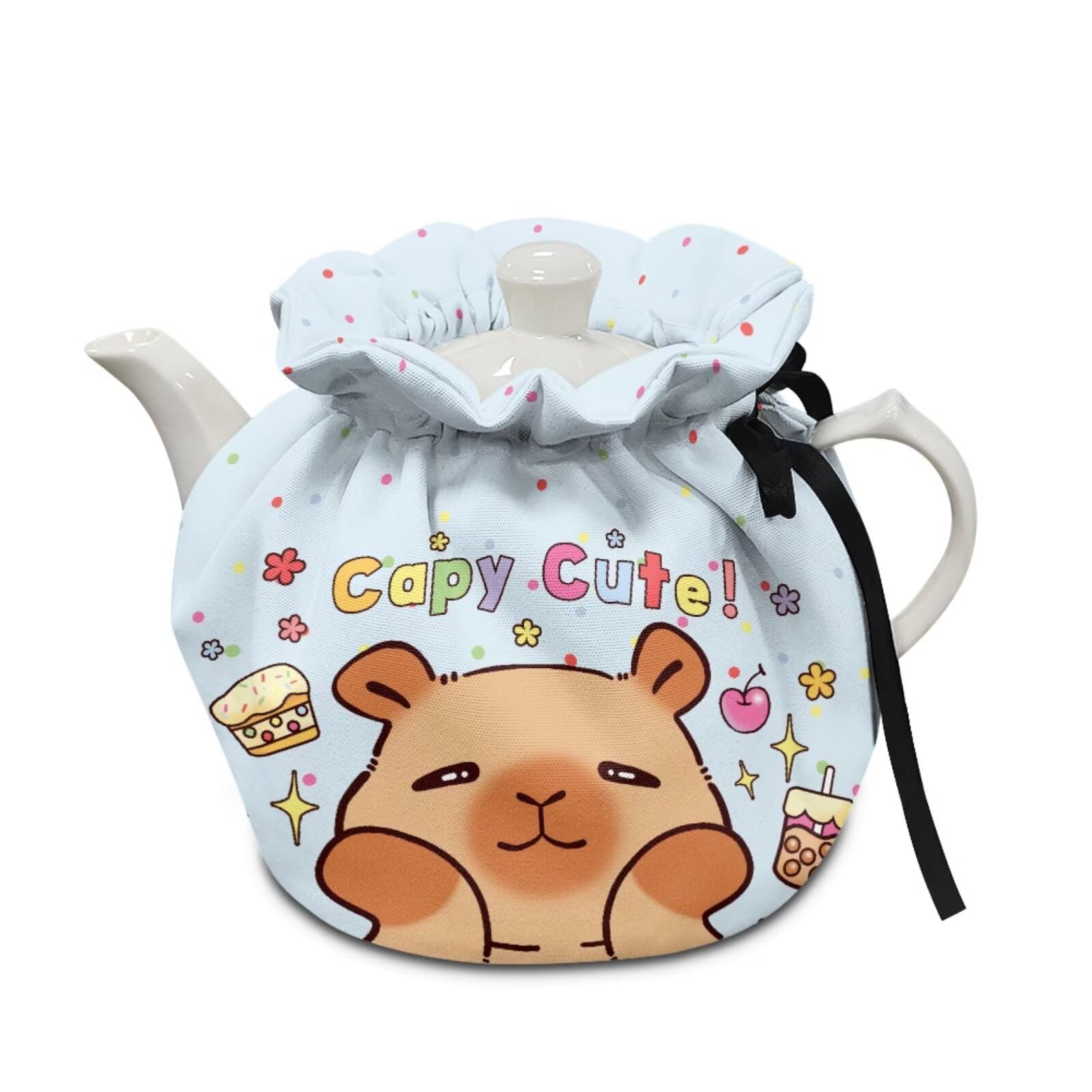 Cute Capybara Flower Print Teapot Dust Cover Insulation Cover Tea Cozy for Teapot Portable Decorative Tea Cozy for Teapot Drawstring Design Keep Breakfast Warm