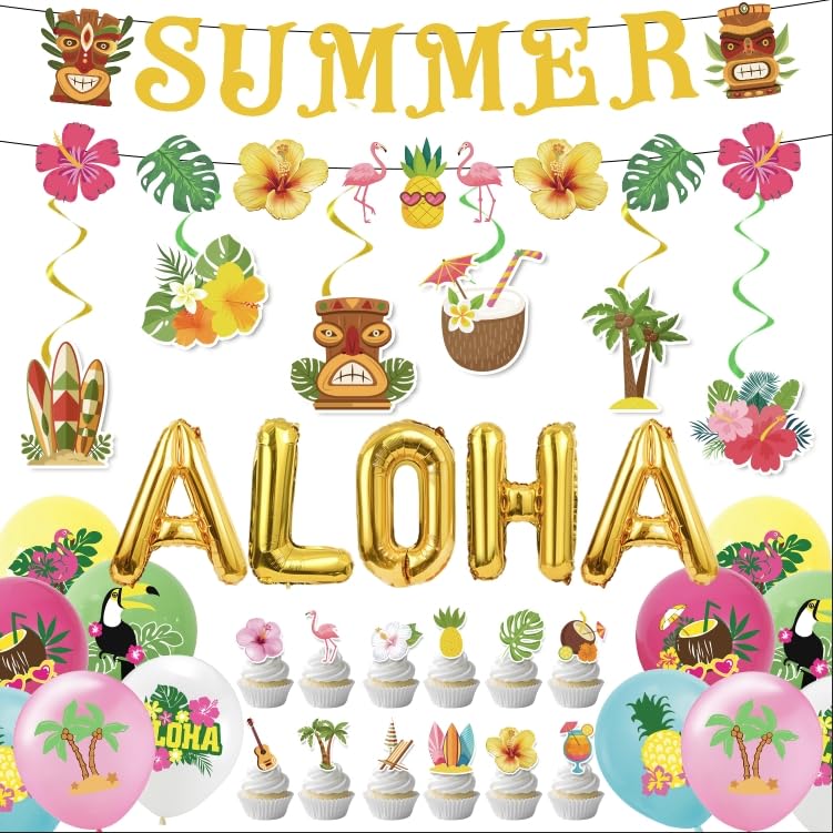 Luvart Summer Hawaiian Party Decorations - Garden Tropical Decorations for Pool Beach Party Outdoor Decor, Summer Bunting Tropical Flower Hanging Swirl Balloons — image 1