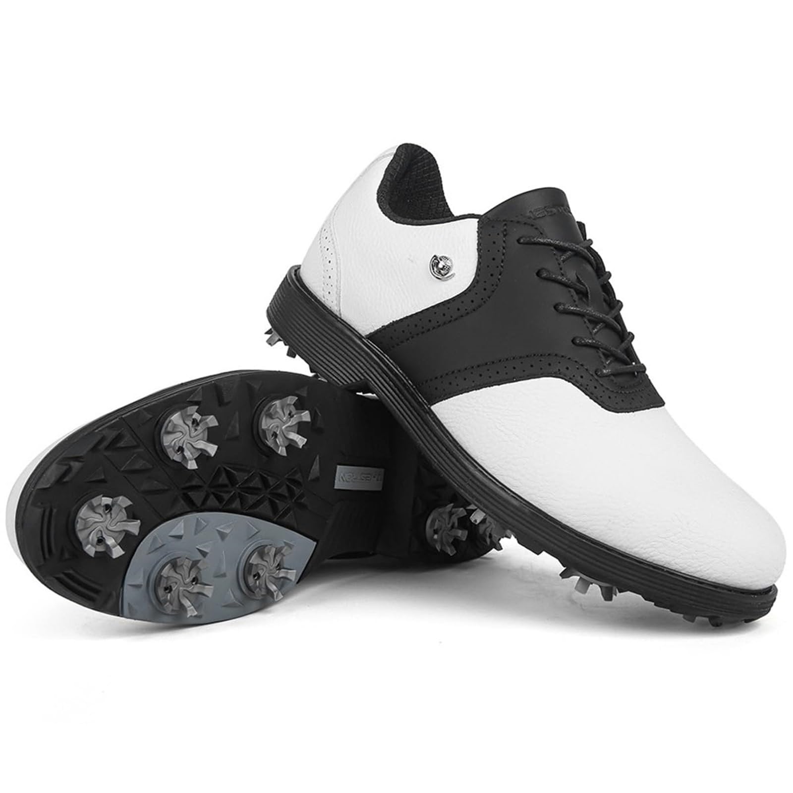 Męskie buty golfowe, klasyczne, czarno-białe, w stylu siodłowym, wodoodporne, sportowe trampki z kolczastą podeszwą, do użytku na zewnątrz, BEŻOWY, 39.5 EU