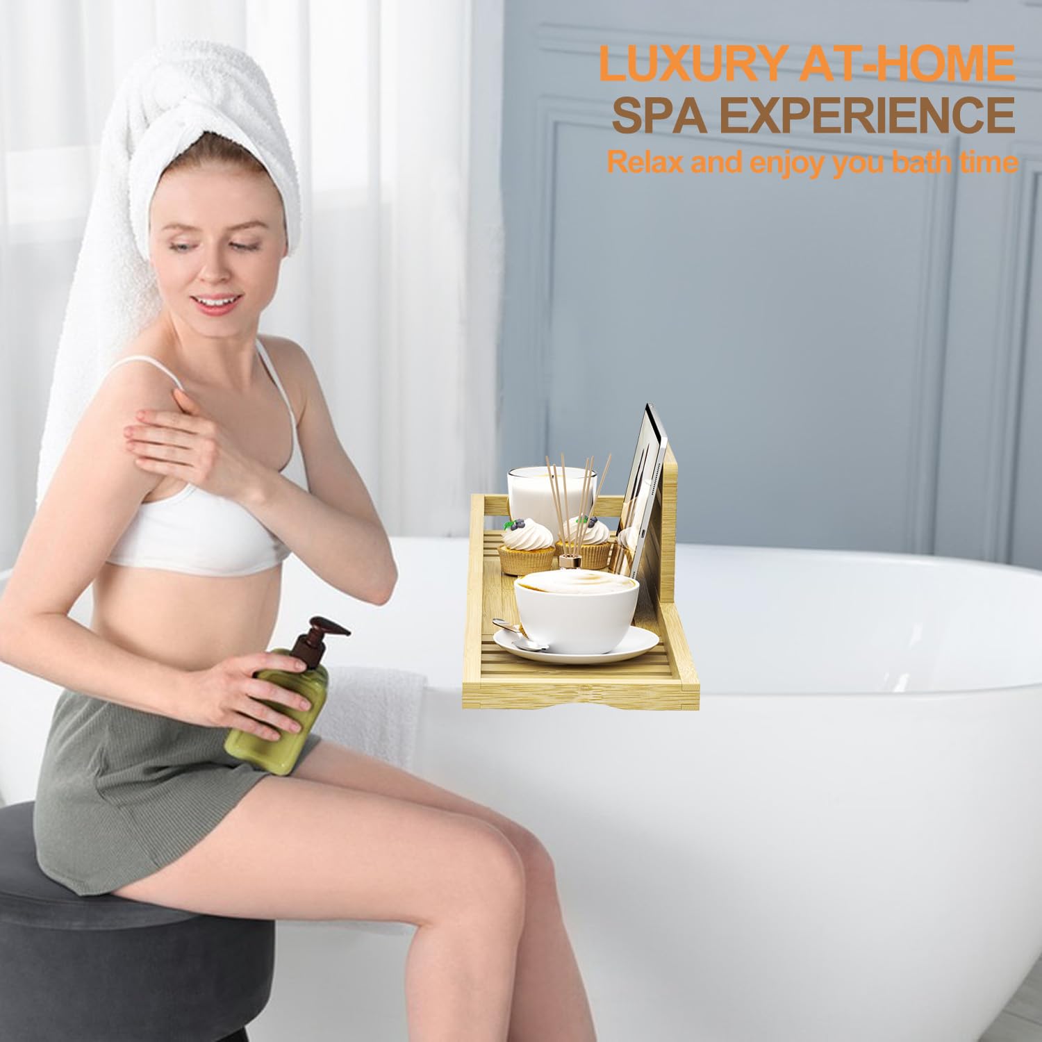 Bathtub Tray Caddy - Bamboo Bath Table -6