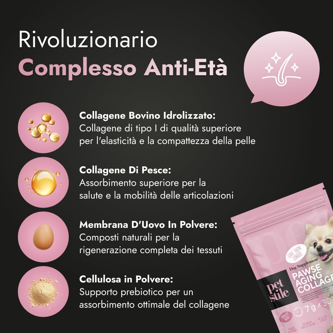 Pawse Aging Collagen – Integratore Anti Età Naturale per Cani con Triplo Collagene, Vitamine e Prebiotici – Per Pelle, Pelo, Articolazioni, Digestione e Immunità (1x 210 g)