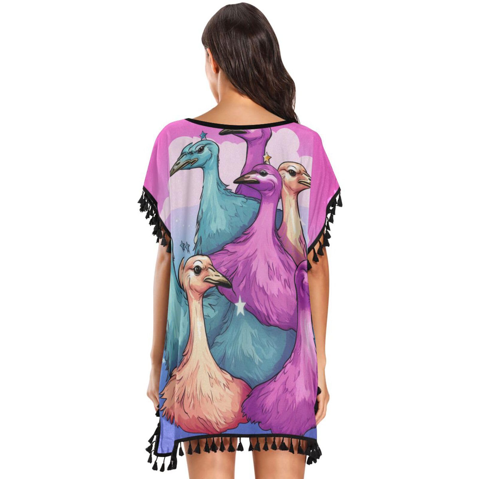 Doodle Art Cute Ostrich Women's Beach Cover Up Chiffon Tassel Swimwear Swimsuit Coverups for Girl