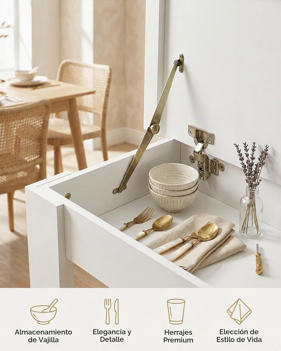 Mesa Comedor Blanca Rectangular Mesa Cocina Salón 120×70×75cm | Dos tapas laterales elevables ocultan compartimentos para vajilla y utensilios, mientras el panel central queda disponible